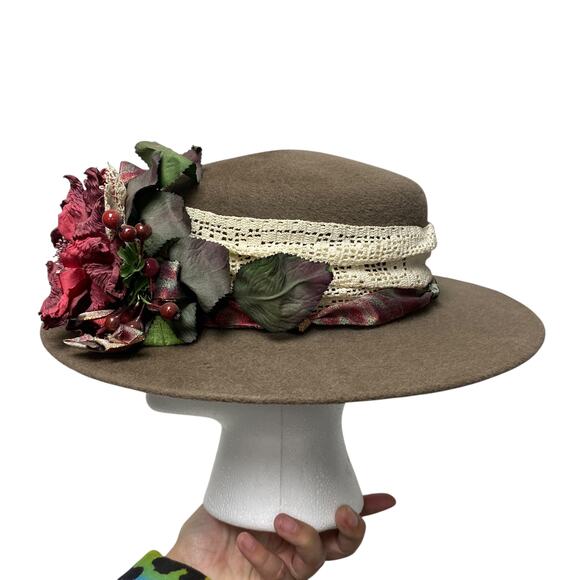 Vintage Linda Madden Womens Brown Hat With Flower Brimmed 90s Hat main image 5